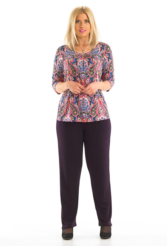 3/4 Sleeve Printed Top with Twist Fabric Neckline