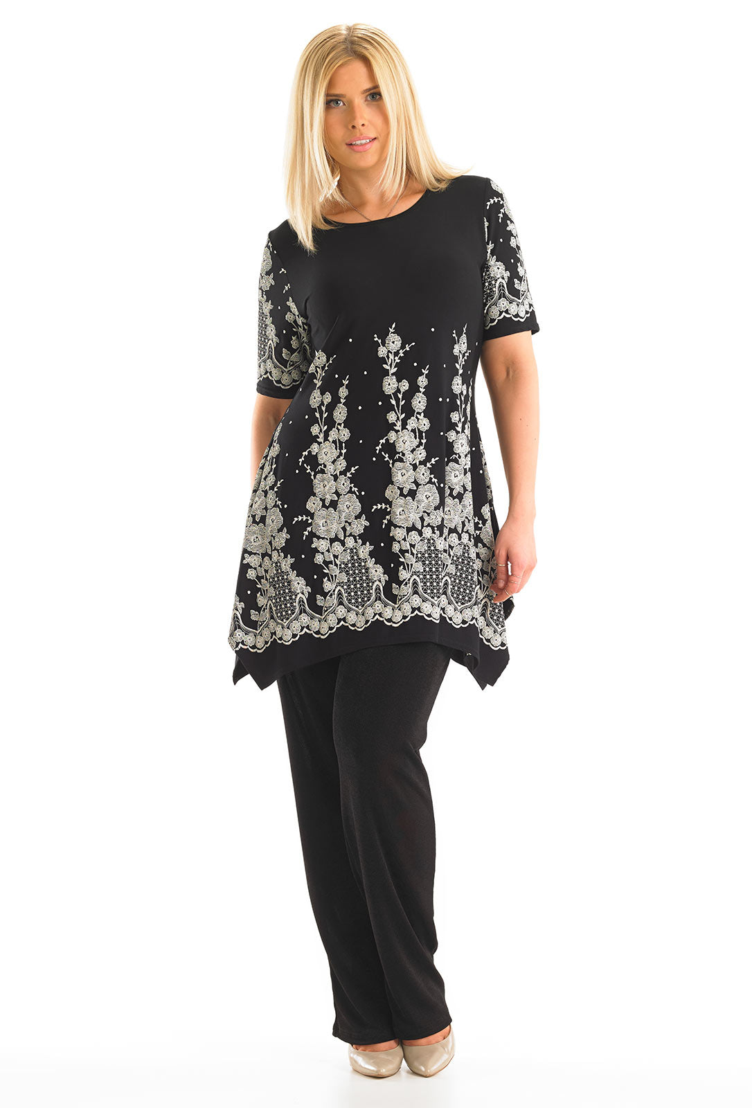 Lace Print Dipped Hem Tunic