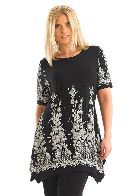 Lace Print Dipped Hem Tunic