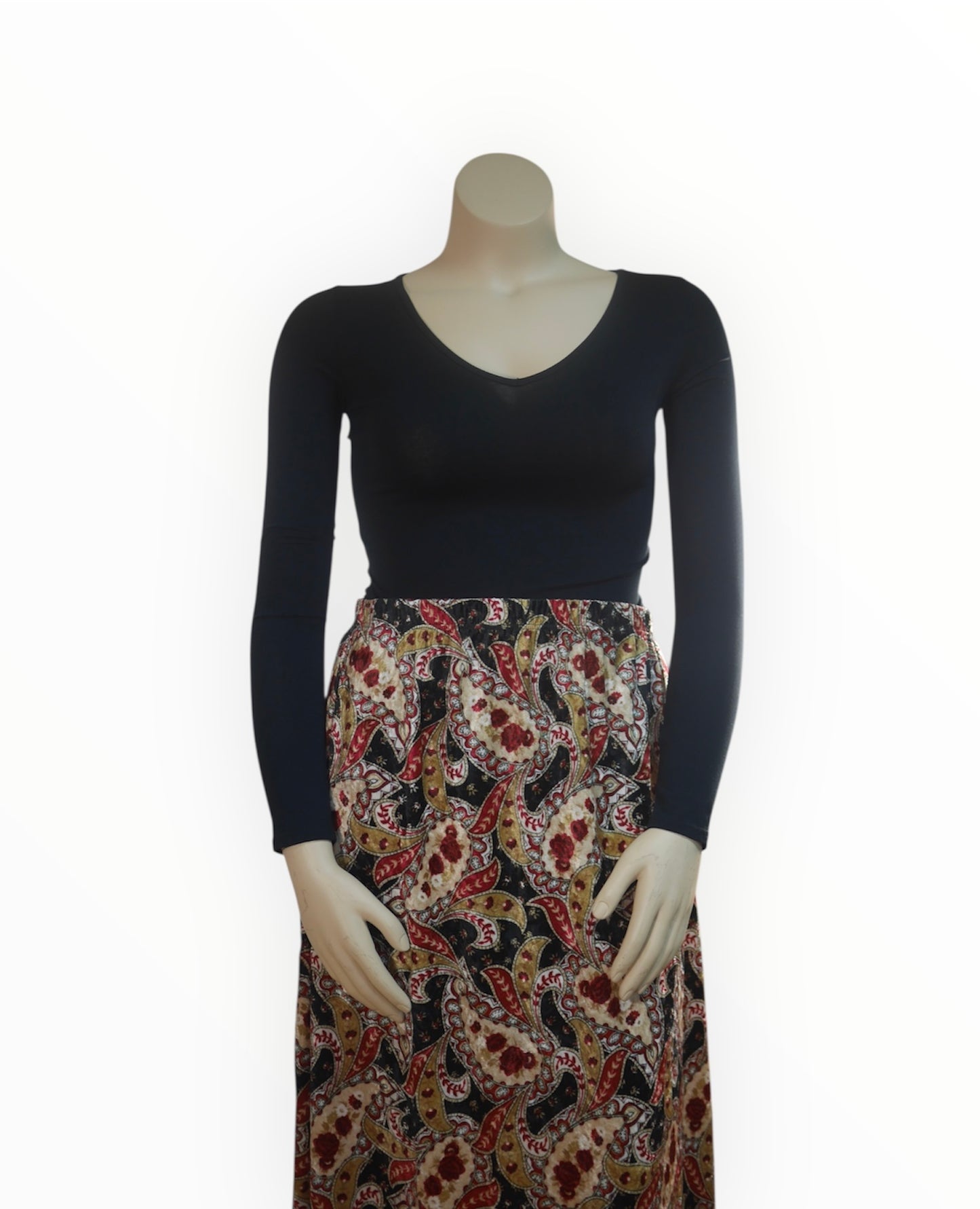 Red Paisley Print Velour Maxi Skirt